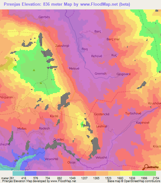 Prrenjas,Albania Elevation Map