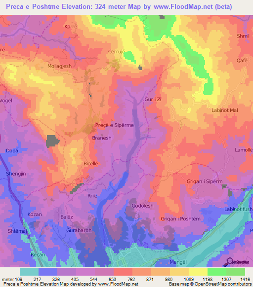 Preca e Poshtme,Albania Elevation Map