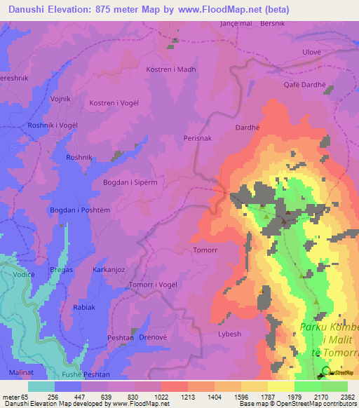 Danushi,Albania Elevation Map