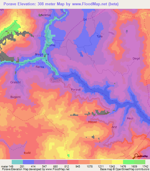 Porave,Albania Elevation Map