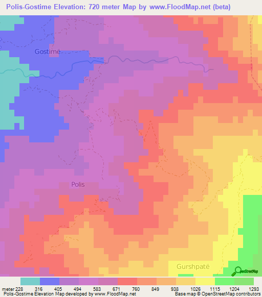 Polis-Gostime,Albania Elevation Map