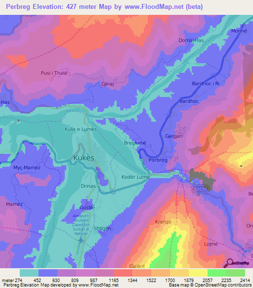 Perbreg,Albania Elevation Map