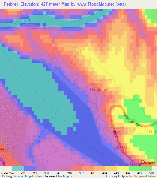 Perbreg,Albania Elevation Map