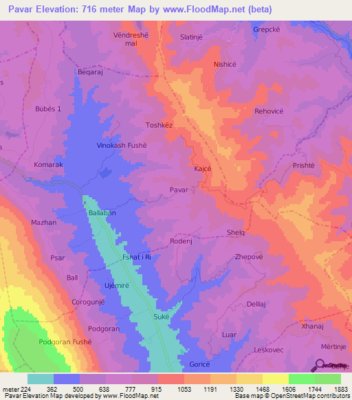 Pavar,Albania Elevation Map