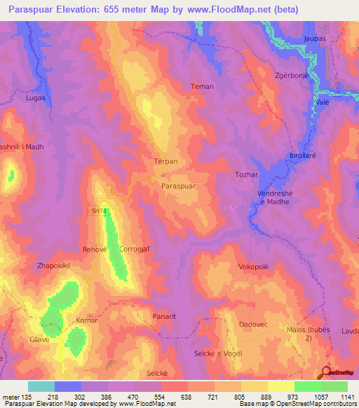 Paraspuar,Albania Elevation Map