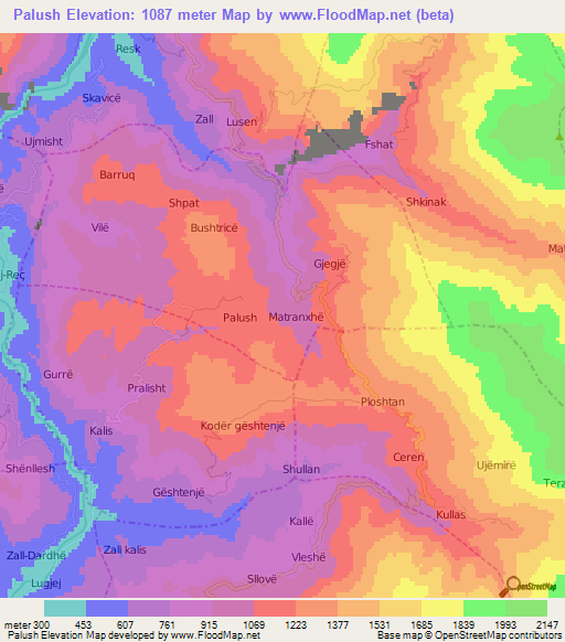 Palush,Albania Elevation Map