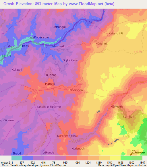 Orosh,Albania Elevation Map