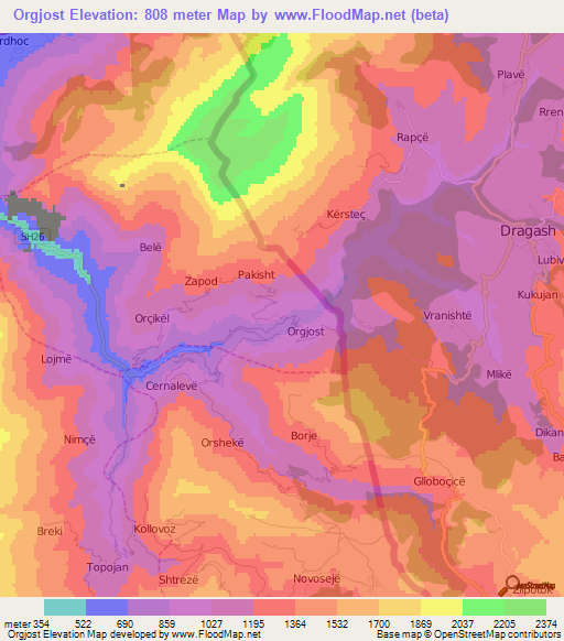 Orgjost,Albania Elevation Map