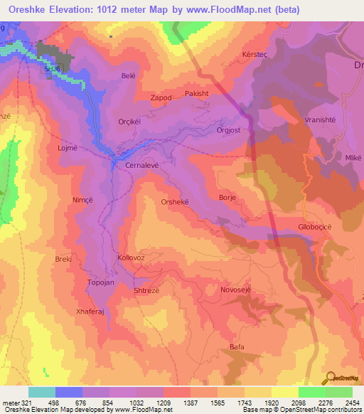 Oreshke,Albania Elevation Map