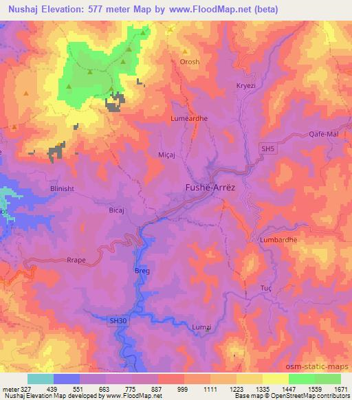 Nushaj,Albania Elevation Map