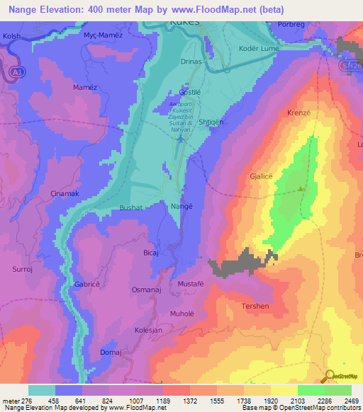 Nange,Albania Elevation Map