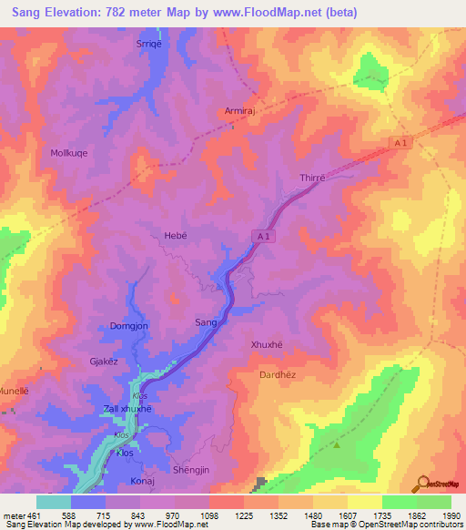 Sang,Albania Elevation Map