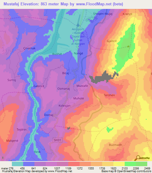 Mustafaj,Albania Elevation Map