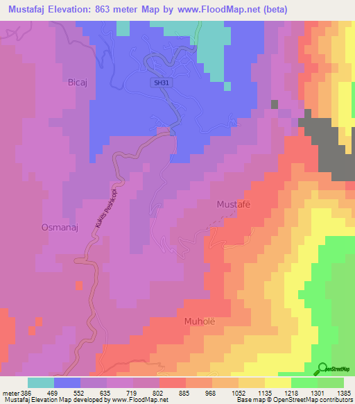 Mustafaj,Albania Elevation Map