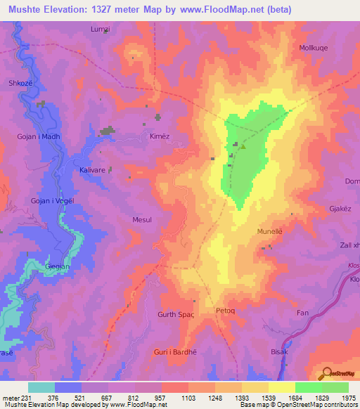 Mushte,Albania Elevation Map