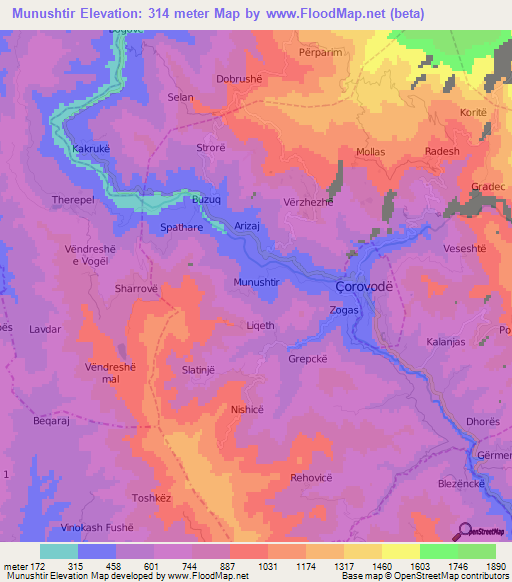 Munushtir,Albania Elevation Map