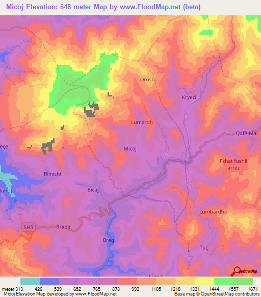 Micoj,Albania Elevation Map