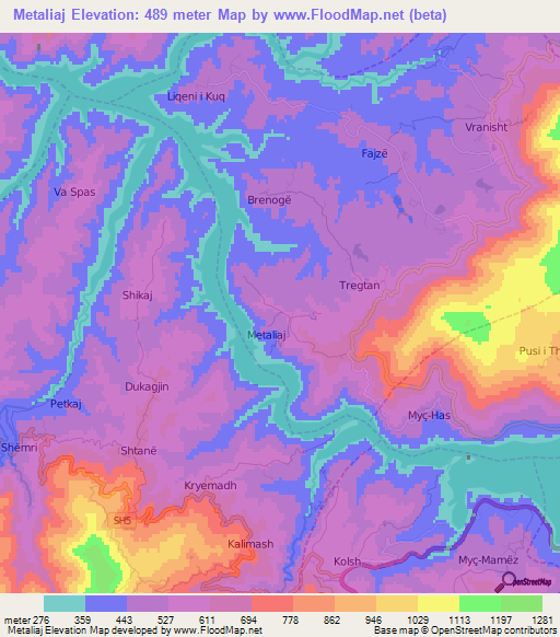 Metaliaj,Albania Elevation Map