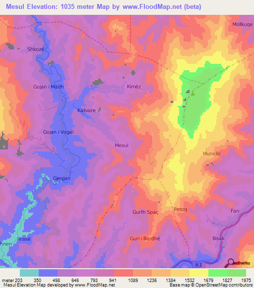 Mesul,Albania Elevation Map