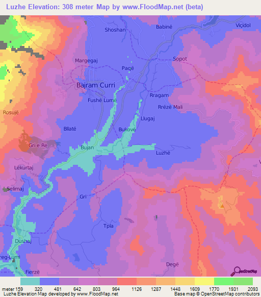 Luzhe,Albania Elevation Map