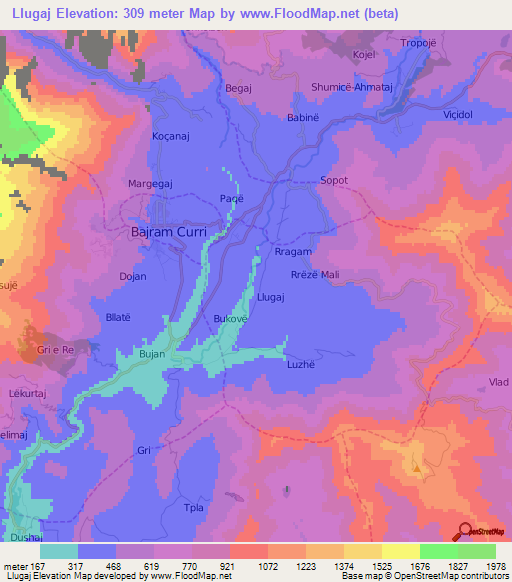 Llugaj,Albania Elevation Map