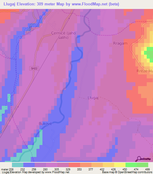 Llugaj,Albania Elevation Map