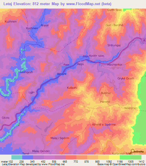 Letaj,Albania Elevation Map