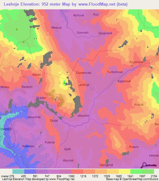 Leshnje,Albania Elevation Map