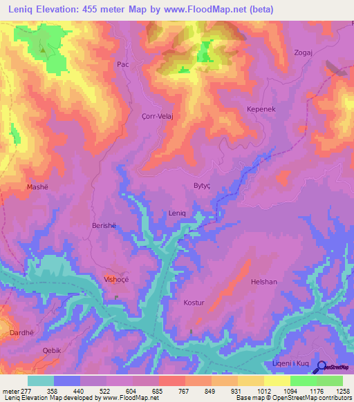 Leniq,Albania Elevation Map