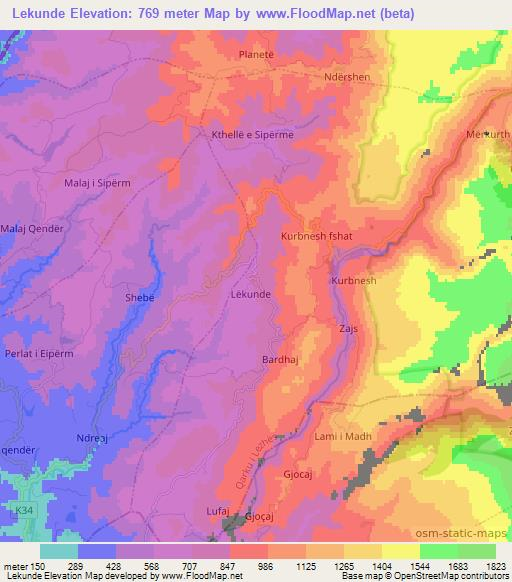 Lekunde,Albania Elevation Map