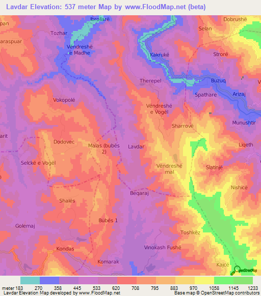 Lavdar,Albania Elevation Map