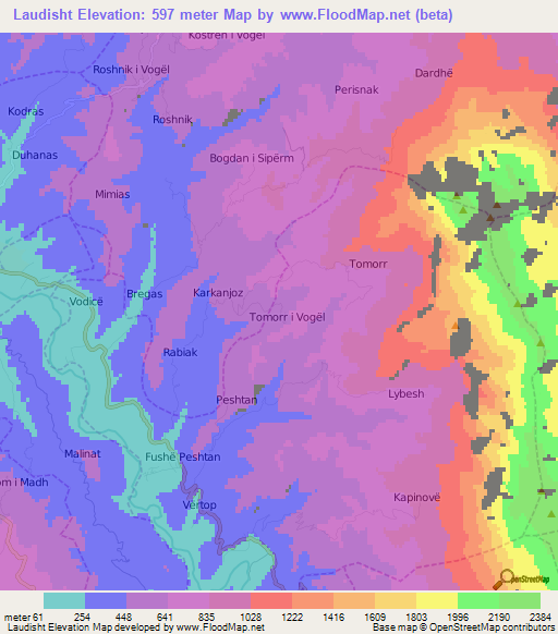 Laudisht,Albania Elevation Map