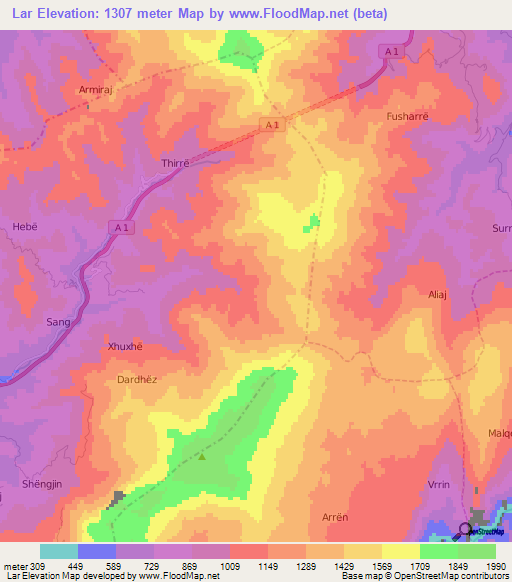 Lar,Albania Elevation Map