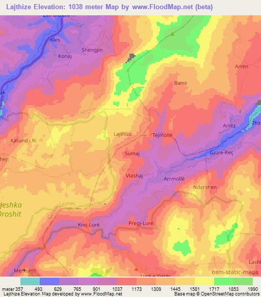 Lajthize,Albania Elevation Map