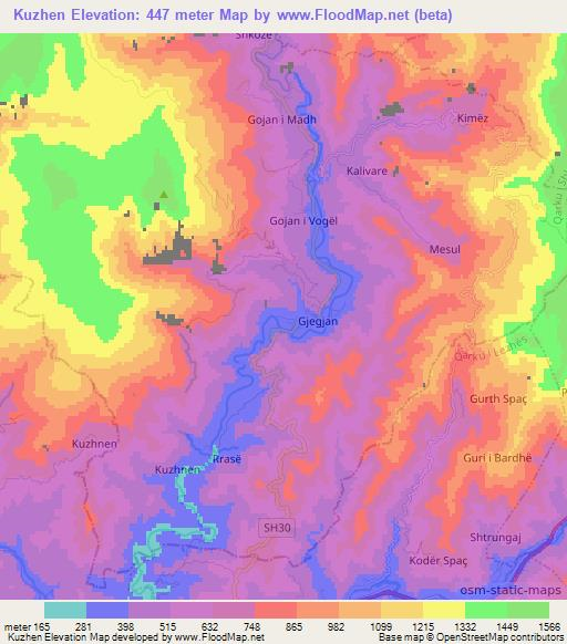 Kuzhen,Albania Elevation Map