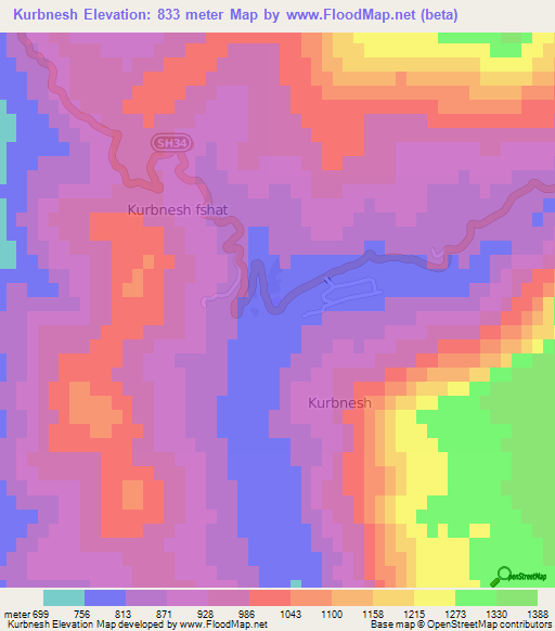 Kurbnesh,Albania Elevation Map