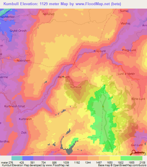 Kumbull,Albania Elevation Map