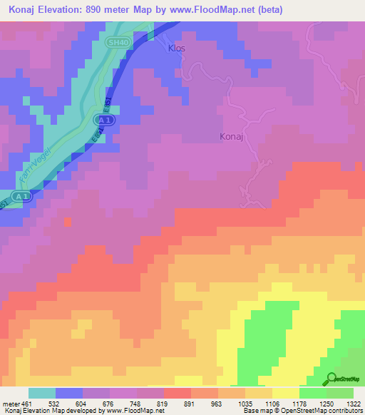 Konaj,Albania Elevation Map