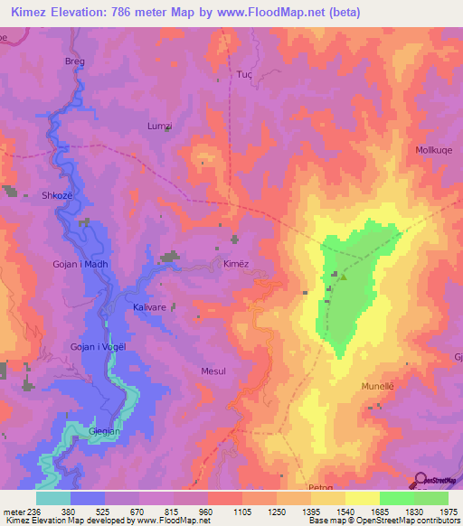 Kimez,Albania Elevation Map