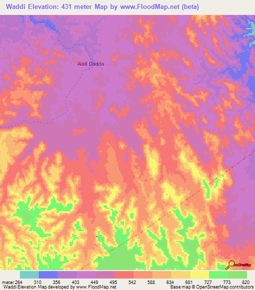 Waddi,Djibouti Elevation Map