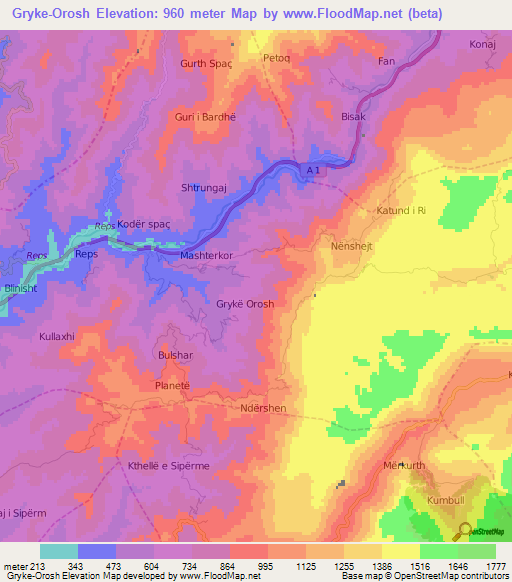 Gryke-Orosh,Albania Elevation Map