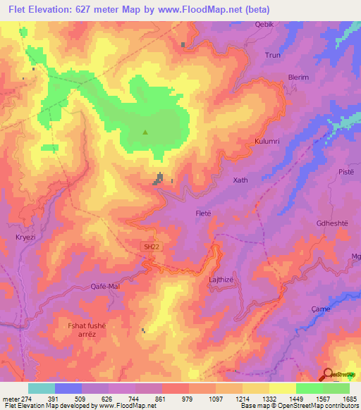 Flet,Albania Elevation Map