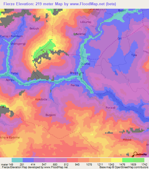 Fierze,Albania Elevation Map