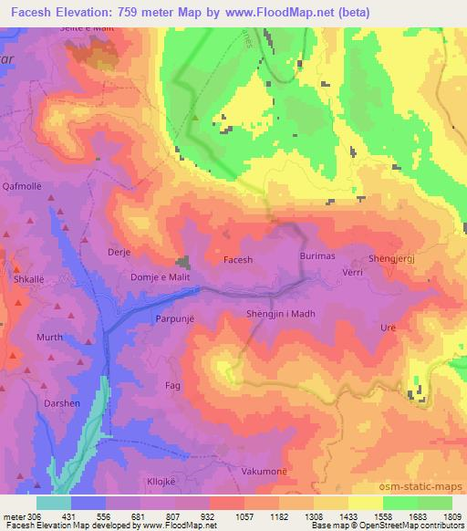 Facesh,Albania Elevation Map