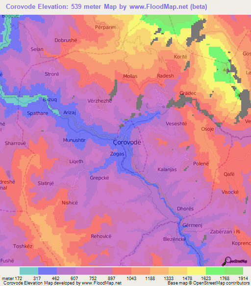 Corovode,Albania Elevation Map