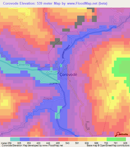 Corovode,Albania Elevation Map