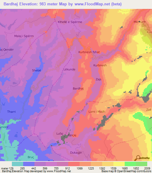 Bardhaj,Albania Elevation Map