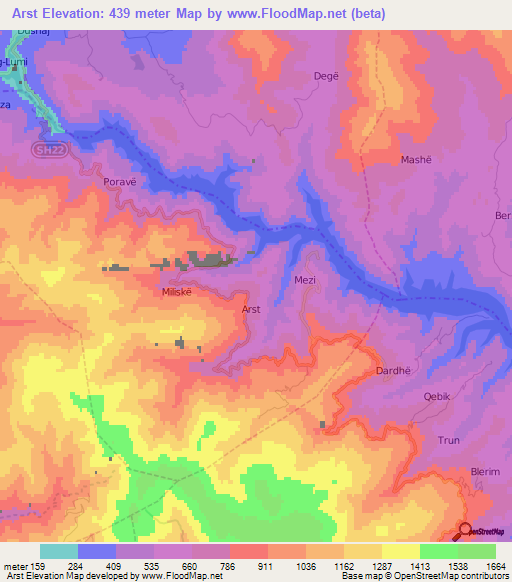 Arst,Albania Elevation Map