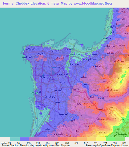 Furn el Chebbak,Lebanon Elevation Map