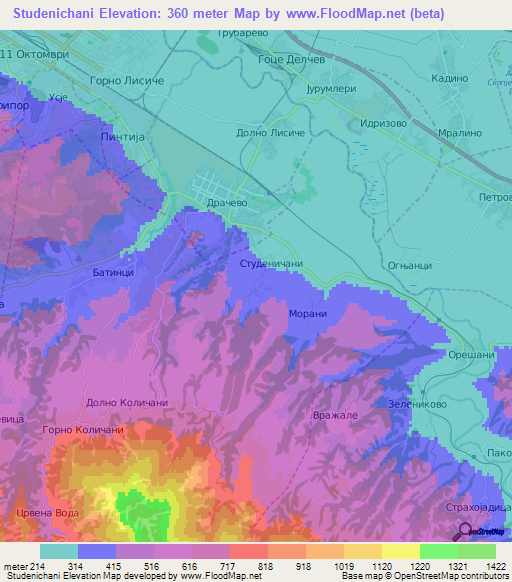 Studenichani,Macedonia Elevation Map